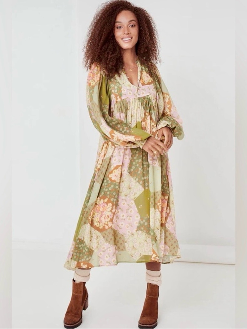 Spell The Freda Boho Midi Dress, Green & Pink Floral, Button-Front Bodice, S